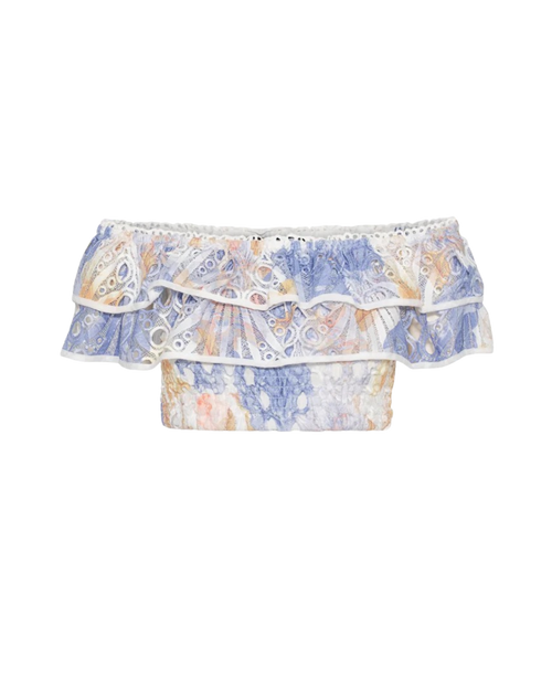 Blue floral broderie anglaise off-shoulder top with layered ruffles and smocked bodice