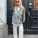 Grey merino wool wrap cardigan with Selbu rose motif and fringed shawl collar