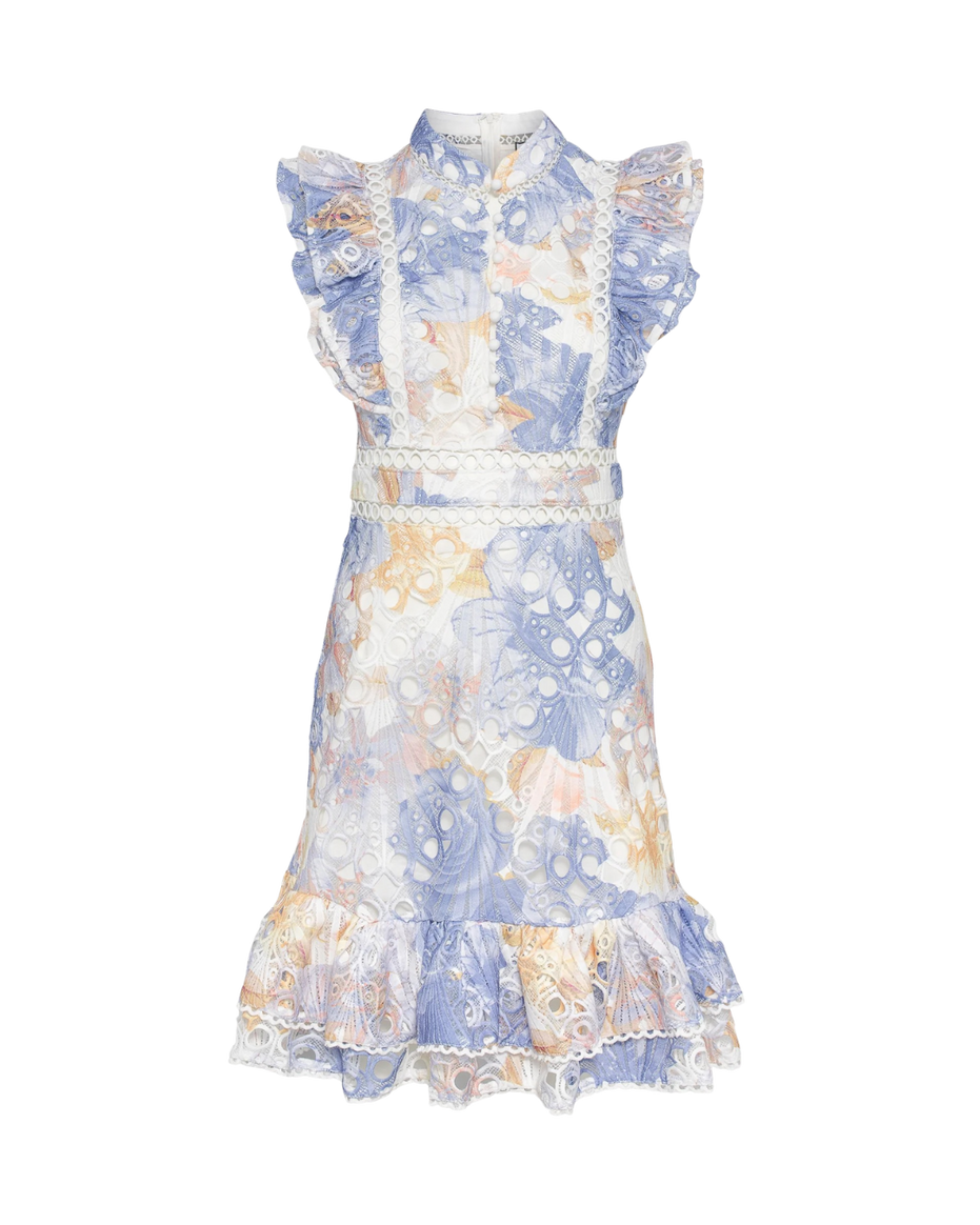 Blue floral broderie anglaise mini dress with ruffled cap sleeves and scalloped hem