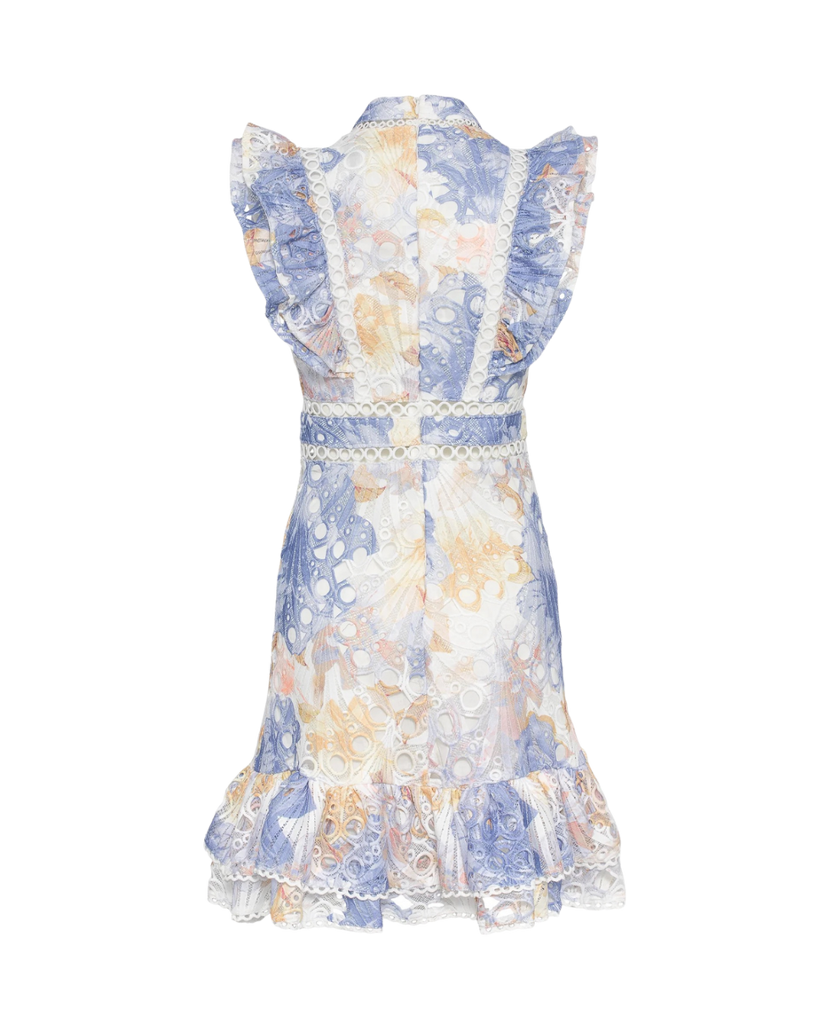 Blue floral broderie anglaise mini dress with ruffled cap sleeves and scalloped hem
