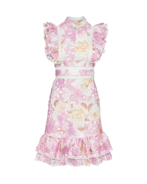Pink floral broderie anglaise mini dress with ruffled cap sleeves and scalloped hem