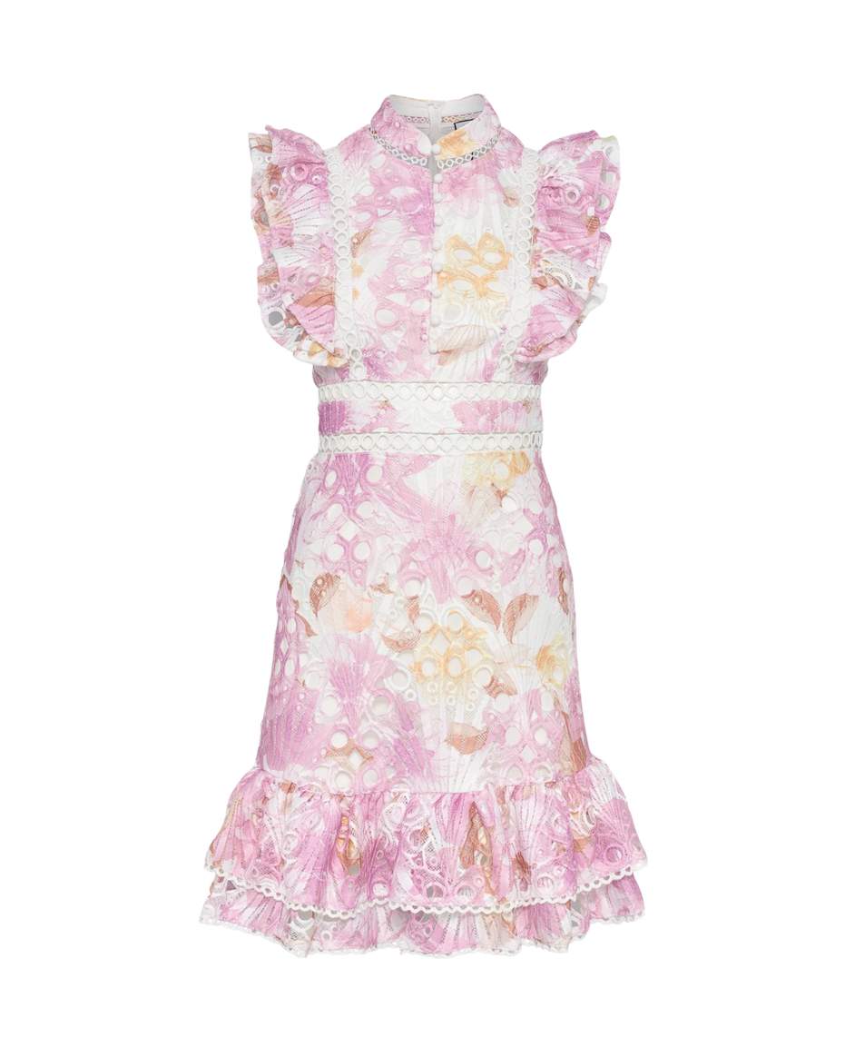 Pink floral broderie anglaise mini dress with ruffled cap sleeves and scalloped hem