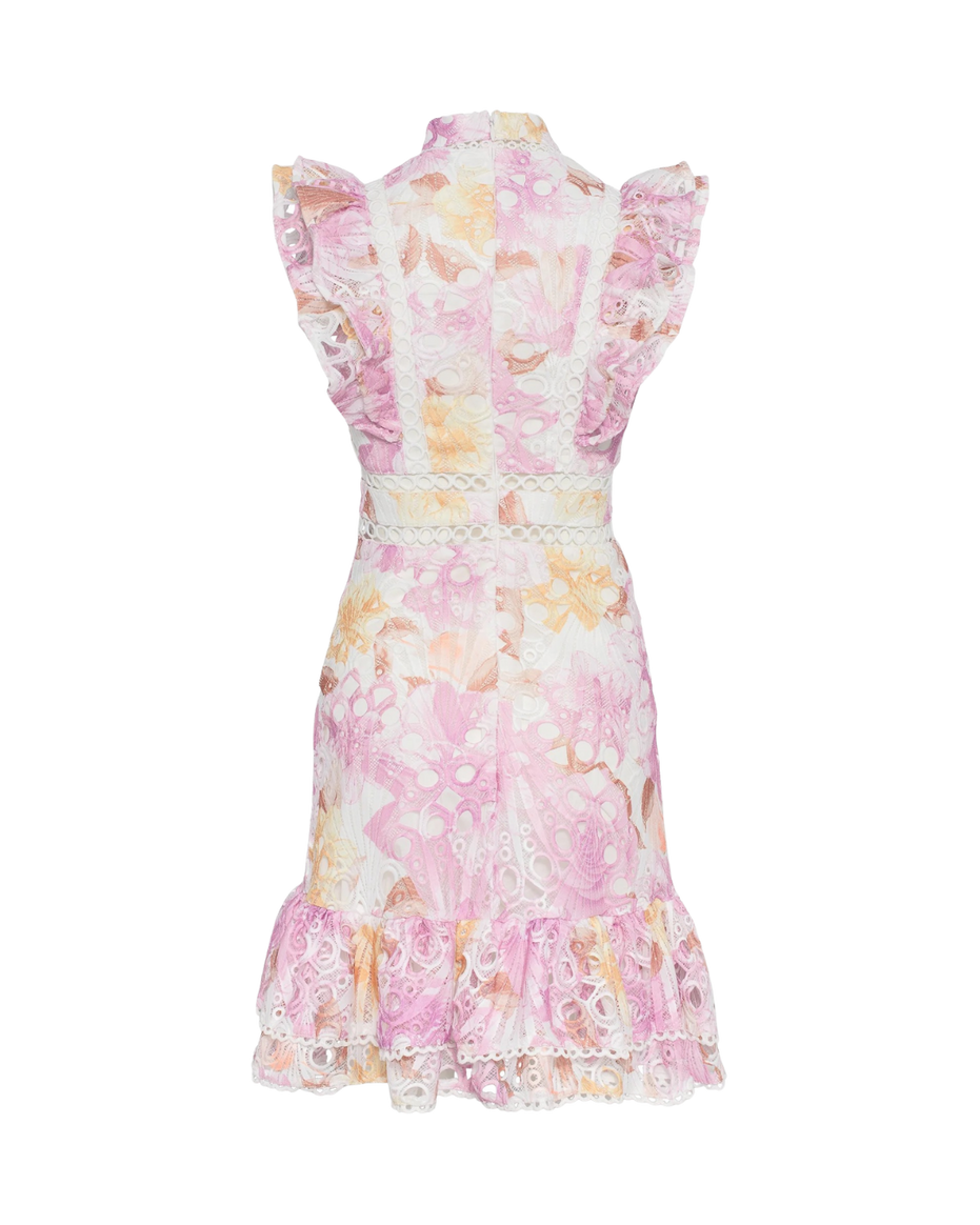 Pink floral broderie anglaise mini dress with ruffled cap sleeves and scalloped hem