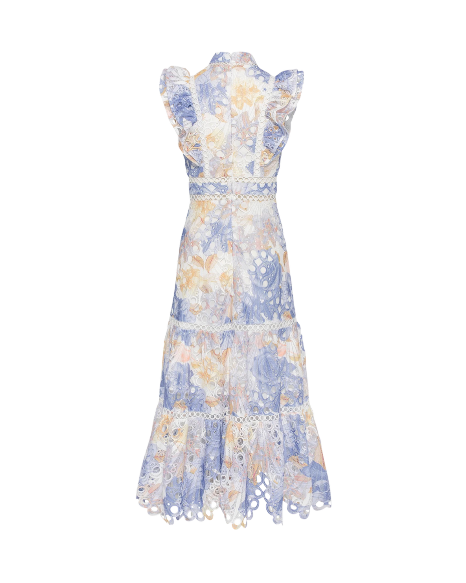 Blue floral broderie anglaise maxi dress with ruffled cap sleeves and tiered scalloped hem