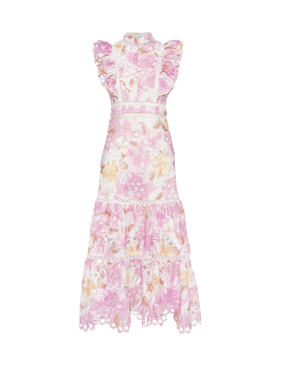 Pink floral broderie anglaise maxi dress with ruffled cap sleeves and tiered scalloped hem