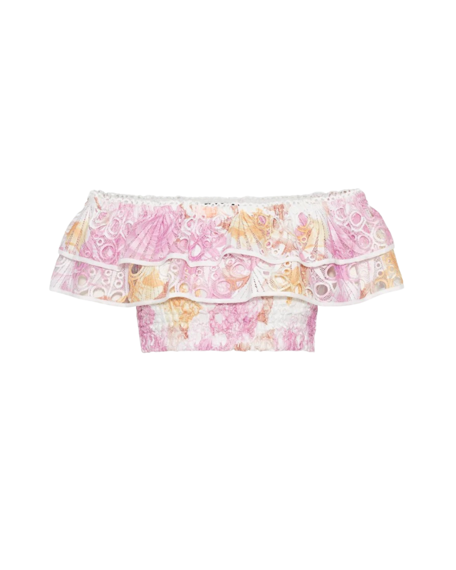 Pink floral broderie anglaise off-shoulder top with layered ruffles and smocked bodice