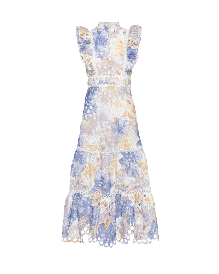 Blue floral broderie anglaise maxi dress with ruffled cap sleeves and tiered scalloped hem