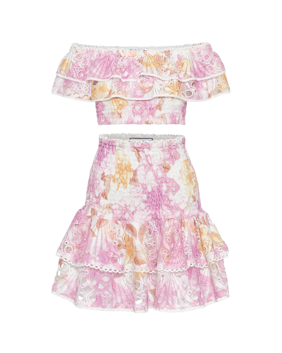 Sienna pink floral broderie anglaise blouse and tiered skirt set