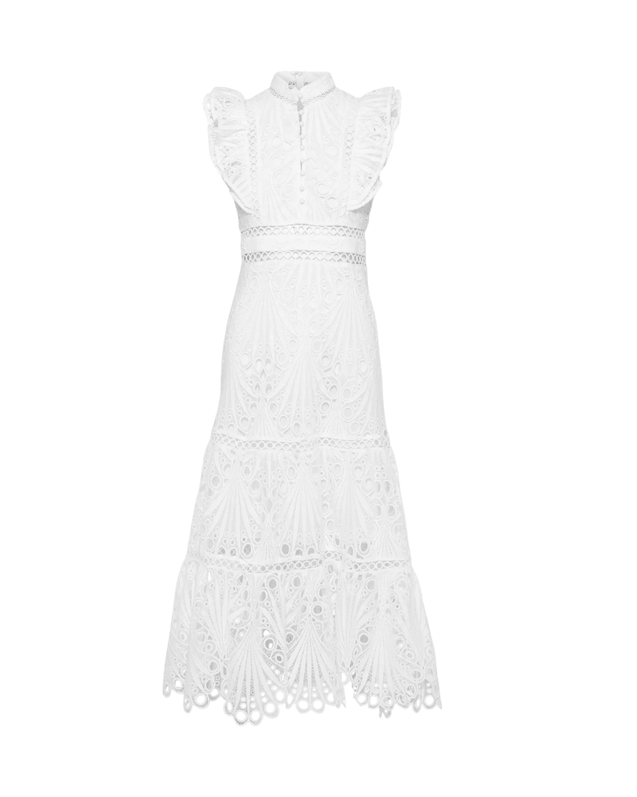 White broderie anglaise maxi dress with ruffled cap sleeves and tiered scalloped hem