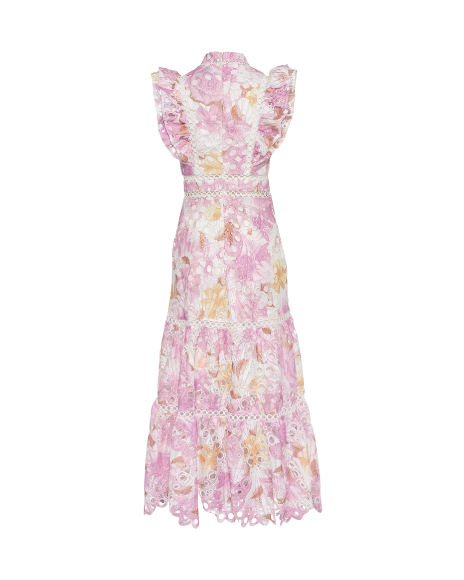 Pink floral broderie anglaise maxi dress with ruffled cap sleeves and tiered scalloped hem