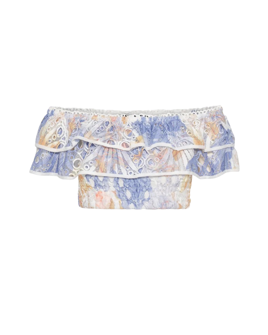 Blue floral broderie anglaise off-shoulder top with layered ruffles and smocked bodice