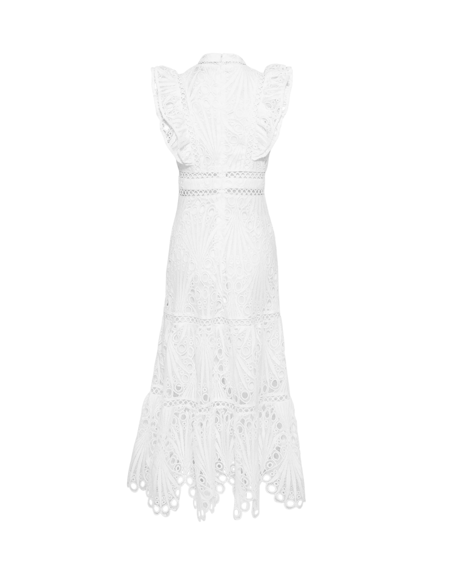 White broderie anglaise maxi dress with ruffled cap sleeves and tiered scalloped hem