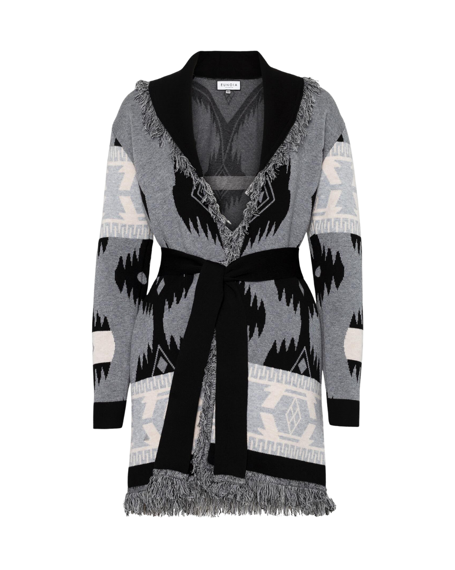 Grey merino wool wrap cardigan with bold Nordic knit pattern and fringed shawl collar