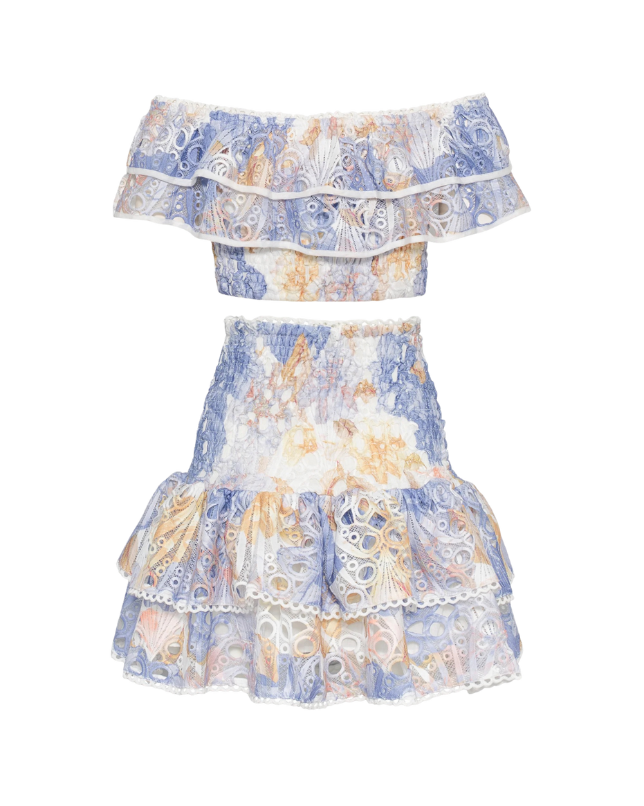 Sienna blue floral broderie anglaise blouse and tiered skirt set