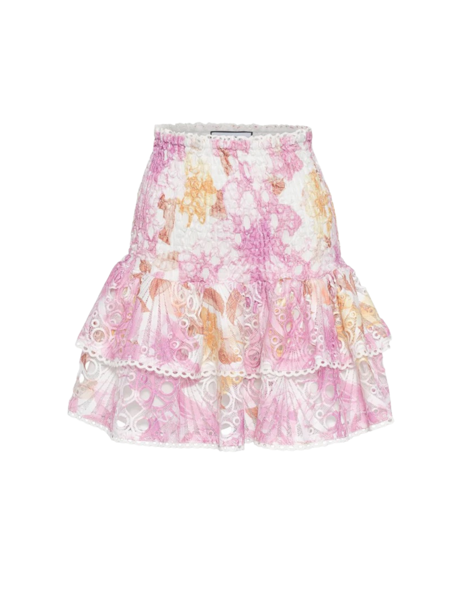 Pink floral broderie anglaise tiered mini skirt with ruffles and smocked waist