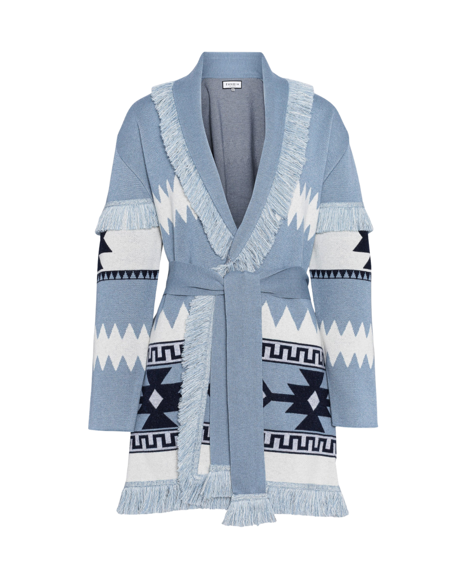 Blue merino wool wrap cardigan with bold geometric Nordic knit and fringed shawl collar