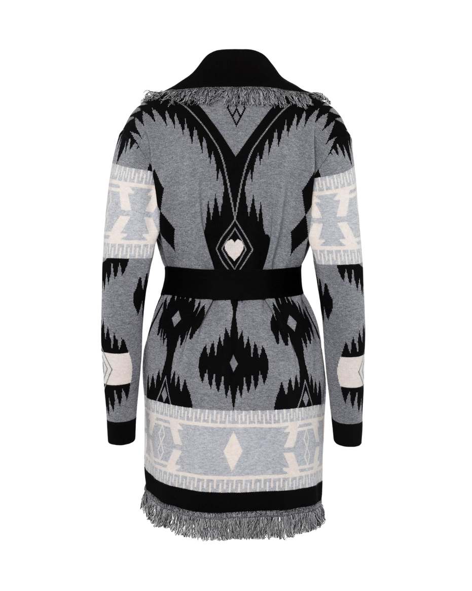Grey merino wool wrap cardigan with bold Nordic knit pattern and fringed shawl collar