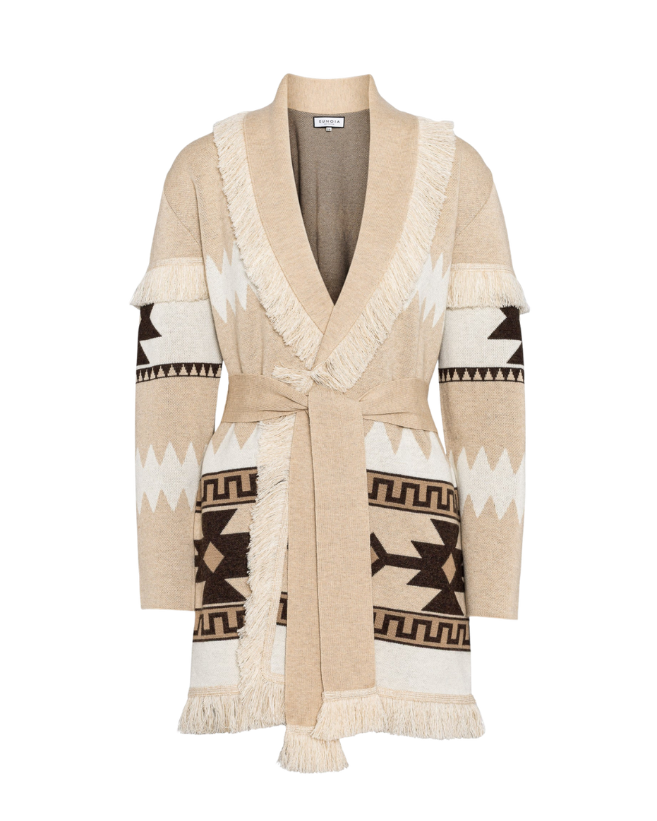 Sand merino wool wrap cardigan with bold geometric Nordic knit and fringed shawl collar
