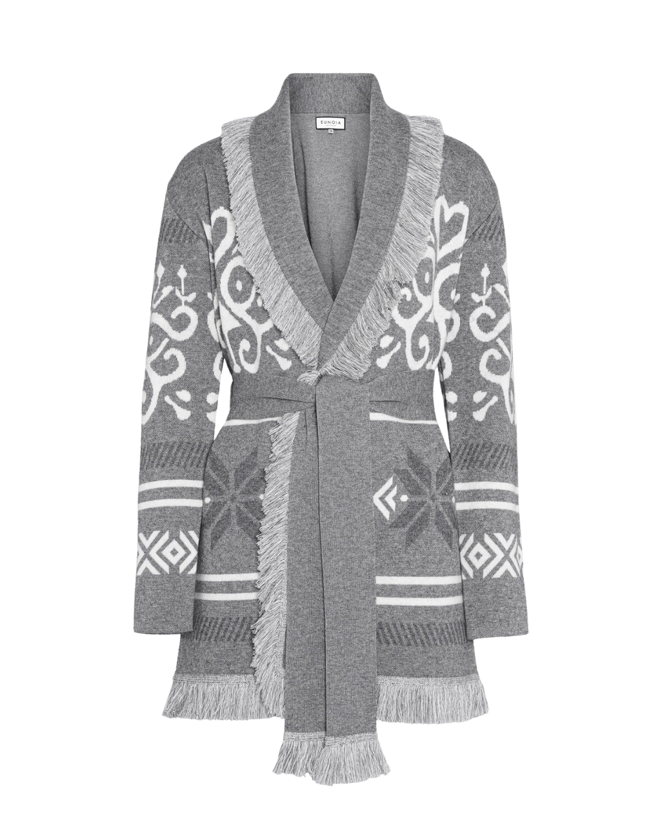 Grey merino wool wrap cardigan with Selbu rose motif and fringed shawl collar