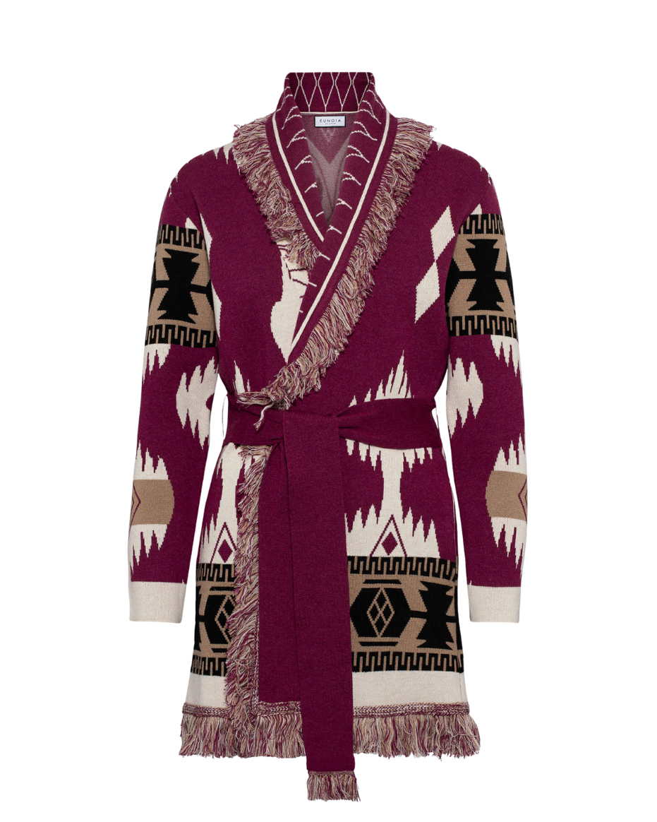 Burgundy merino wool wrap cardigan with bold Nordic knit pattern and fringed shawl collar