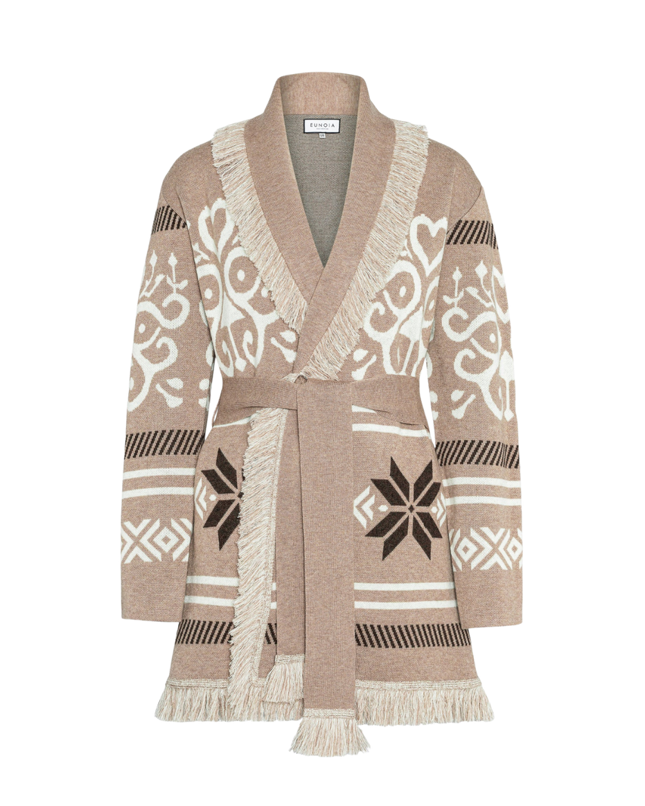 Sand merino wool wrap cardigan with Selbu rose motif and fringed shawl collar