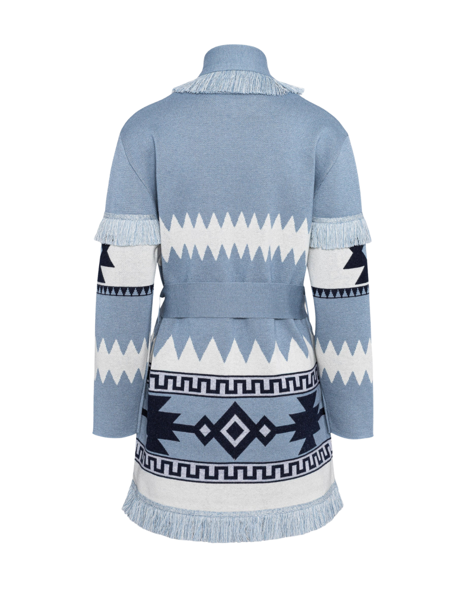Blue merino wool wrap cardigan with bold geometric Nordic knit and fringed shawl collar