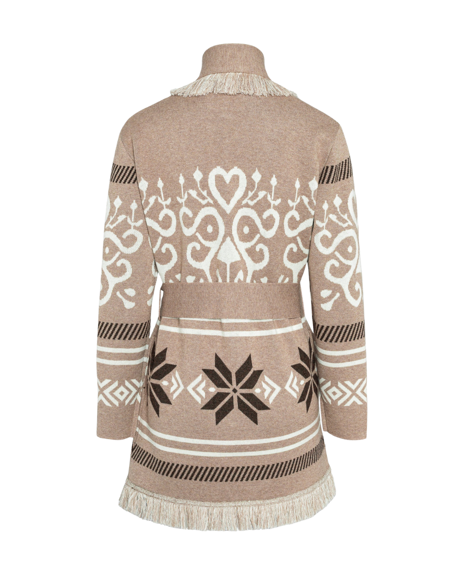 Sand merino wool wrap cardigan with Selbu rose motif and fringed shawl collar