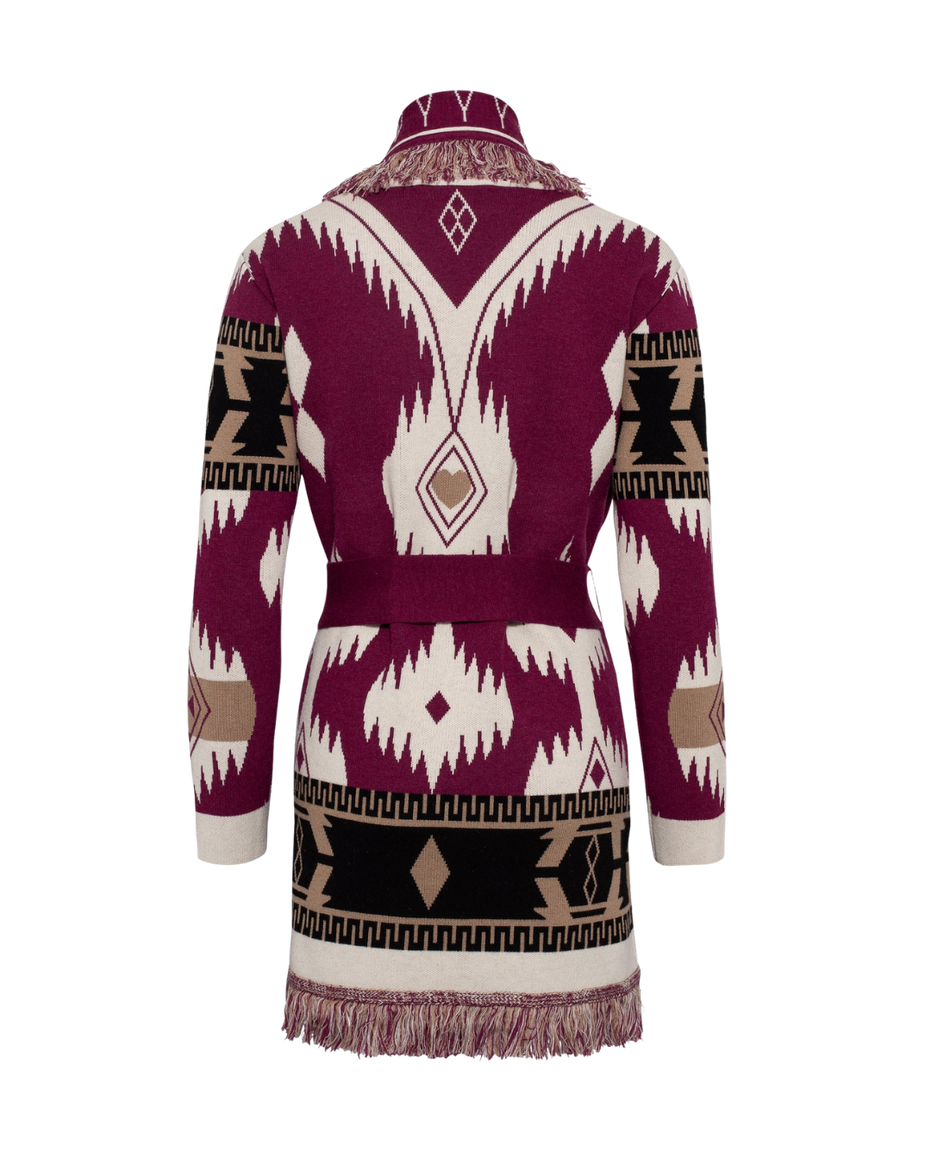 Burgundy merino wool wrap cardigan with bold Nordic knit pattern and fringed shawl collar