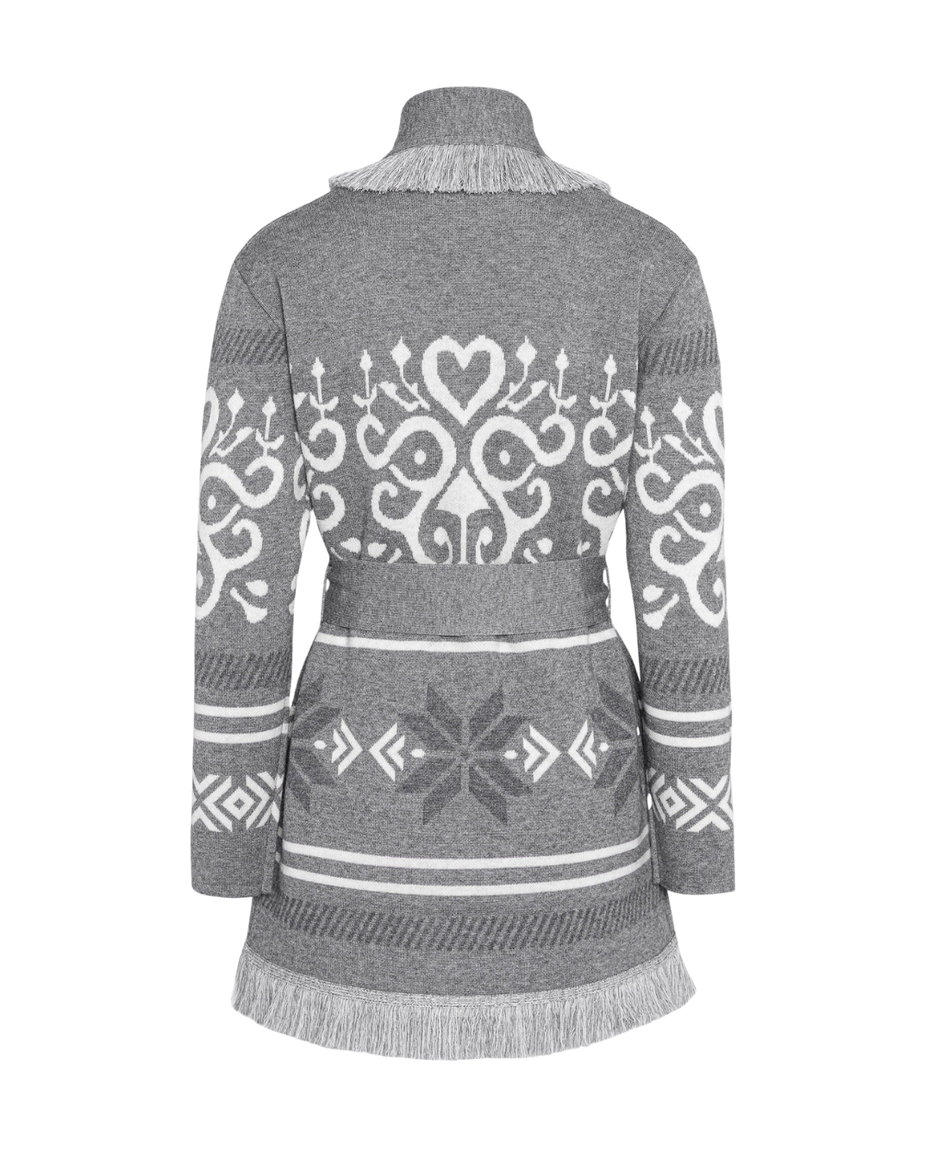 Grey merino wool wrap cardigan with Selbu rose motif and fringed shawl collar
