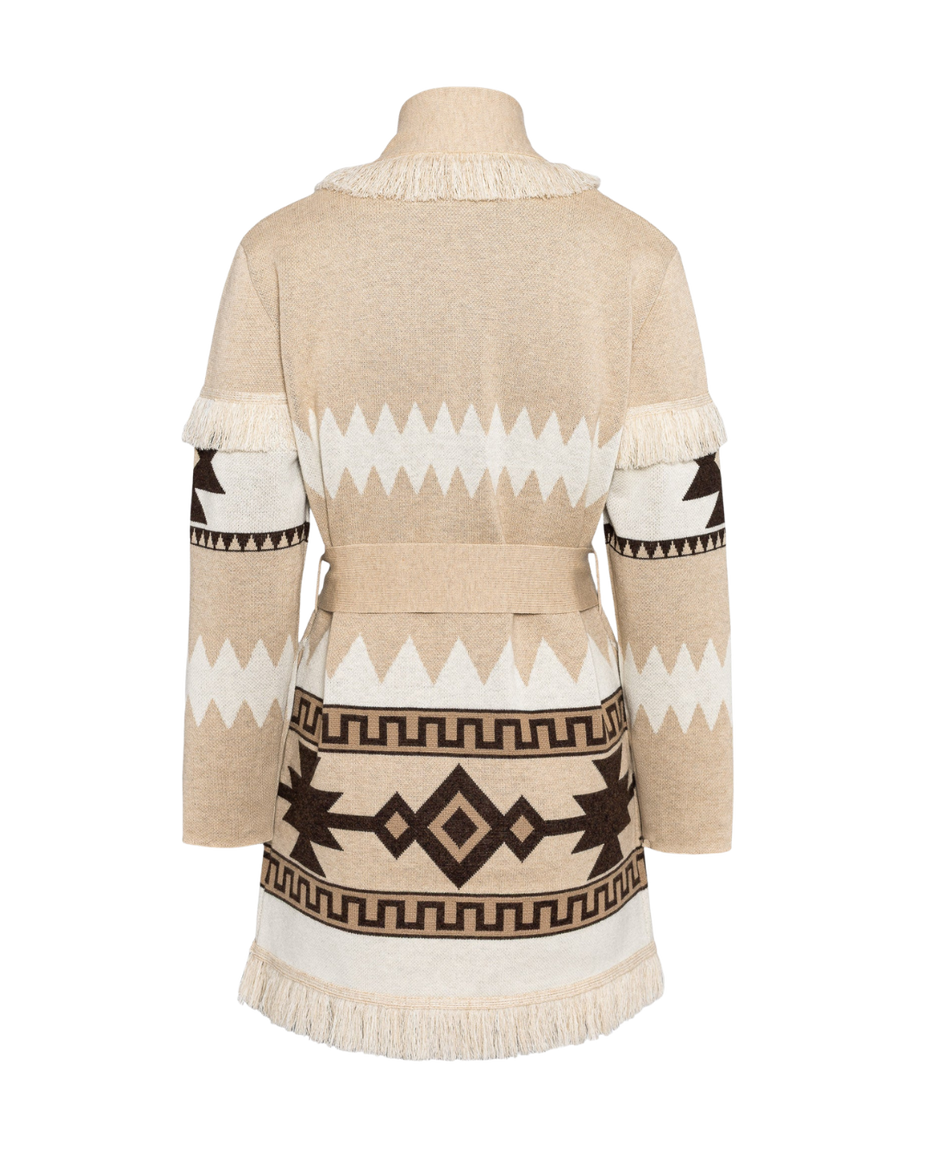 Sand merino wool wrap cardigan with bold geometric Nordic knit and fringed shawl collar