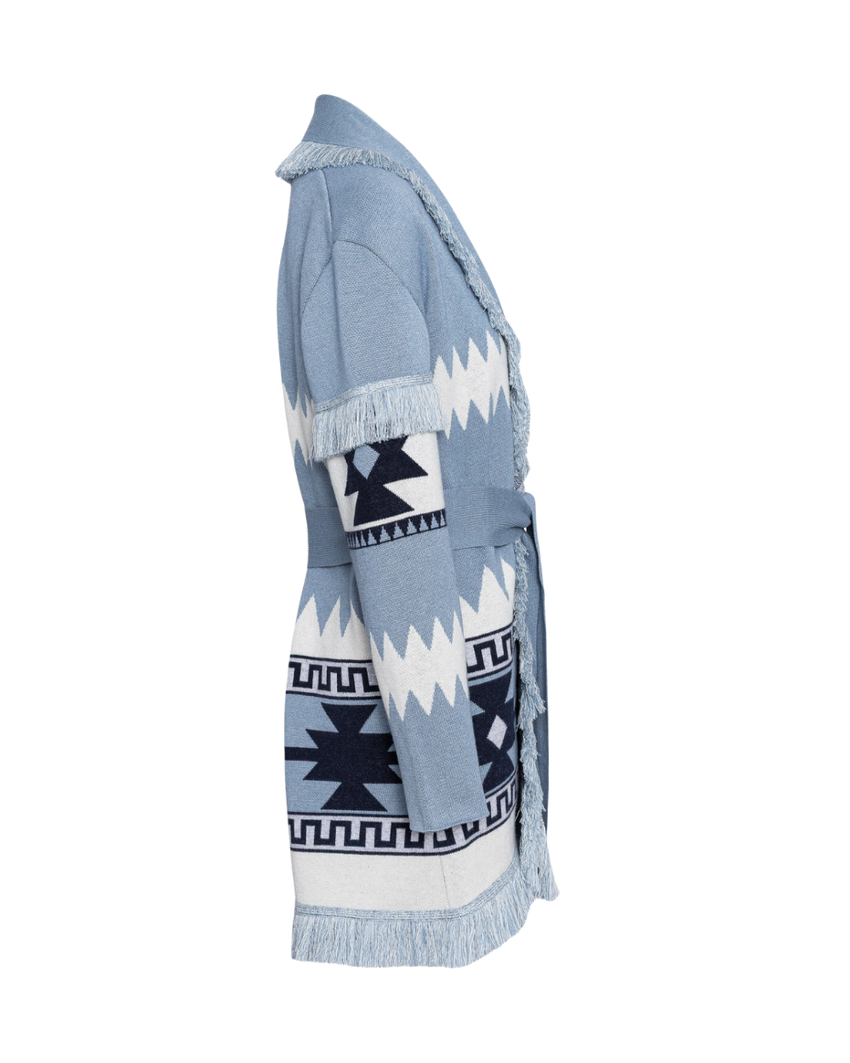Blue merino wool wrap cardigan with bold geometric Nordic knit and fringed shawl collar