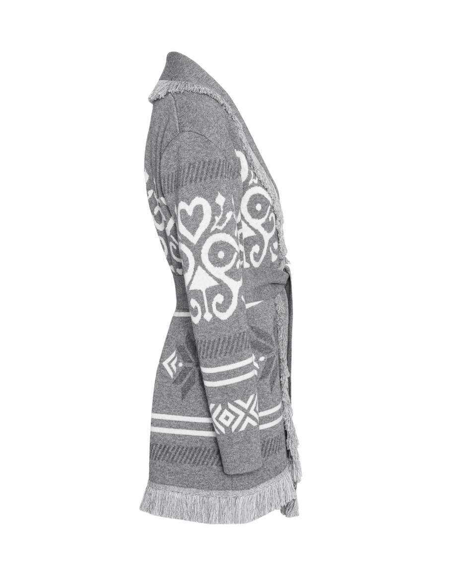 Grey merino wool wrap cardigan with Selbu rose motif and fringed shawl collar