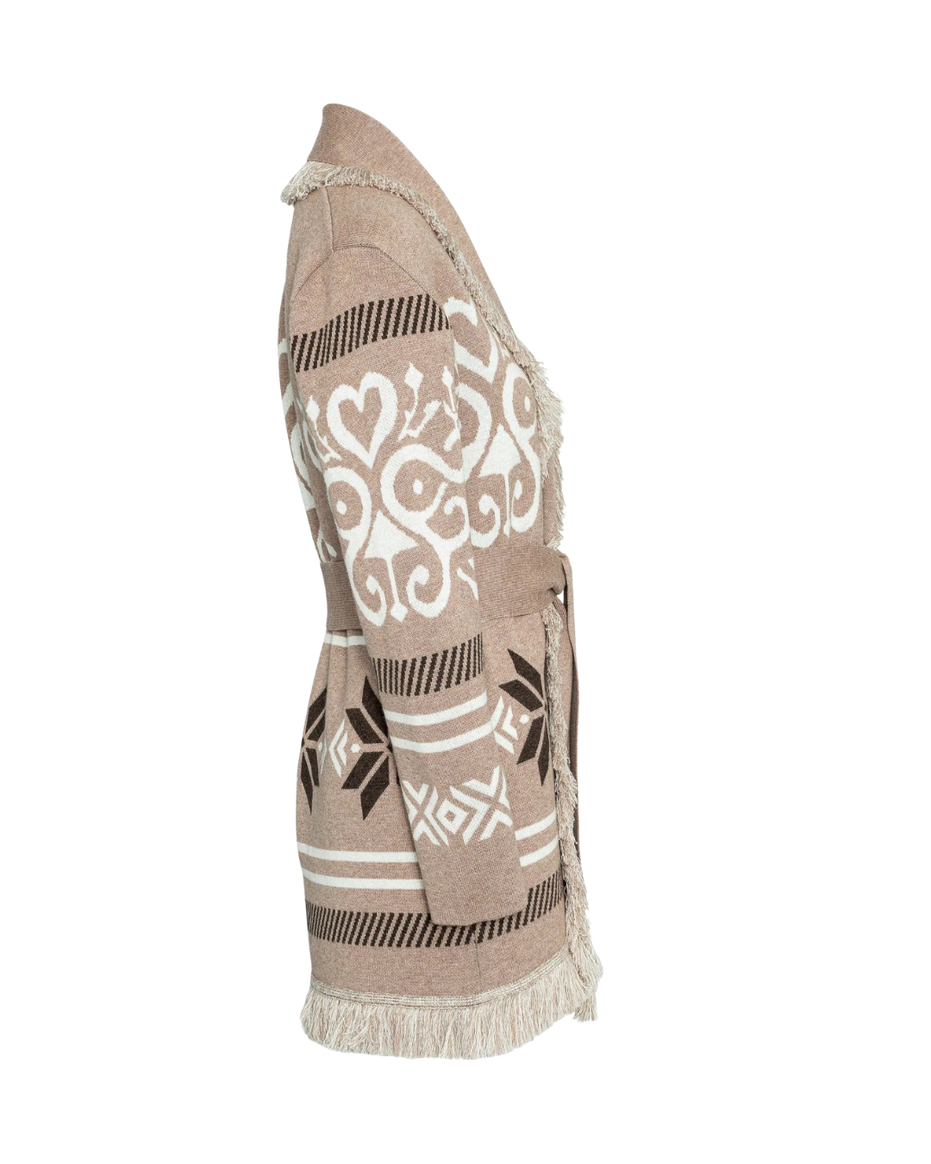 Sand merino wool wrap cardigan with Selbu rose motif and fringed shawl collar