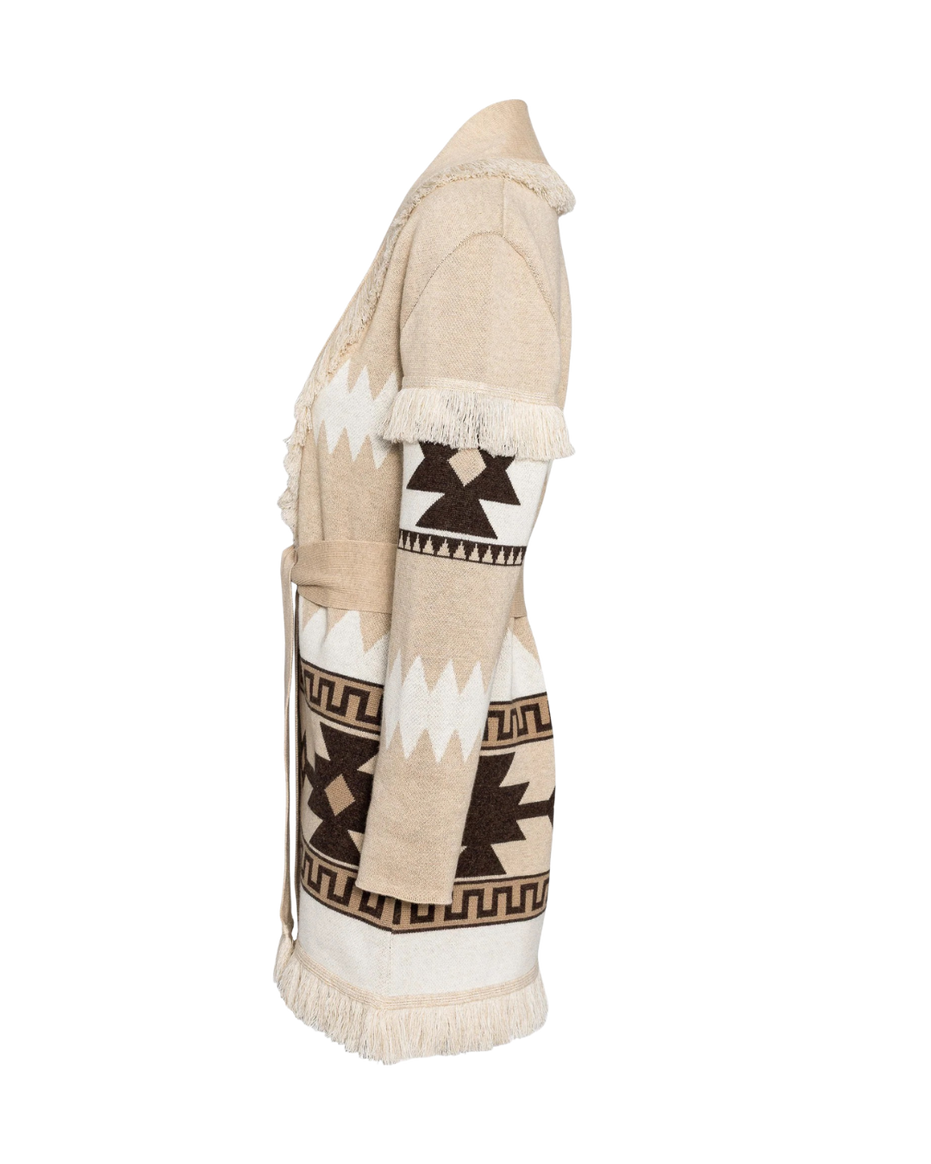 Sand merino wool wrap cardigan with bold geometric Nordic knit and fringed shawl collar