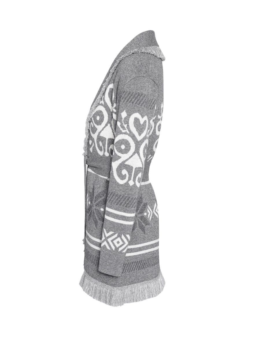 Grey merino wool wrap cardigan with Selbu rose motif and fringed shawl collar