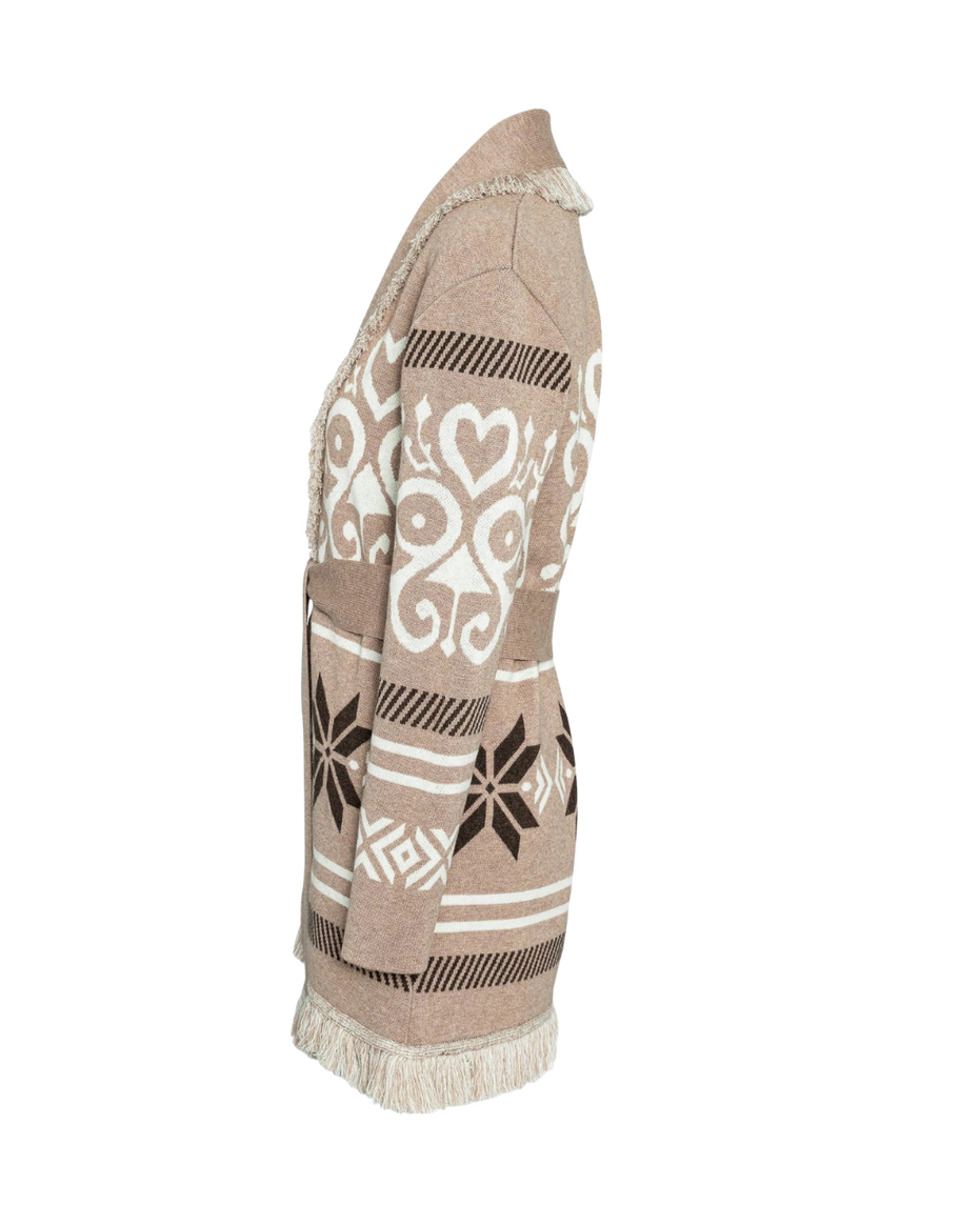 Sand merino wool wrap cardigan with Selbu rose motif and fringed shawl collar