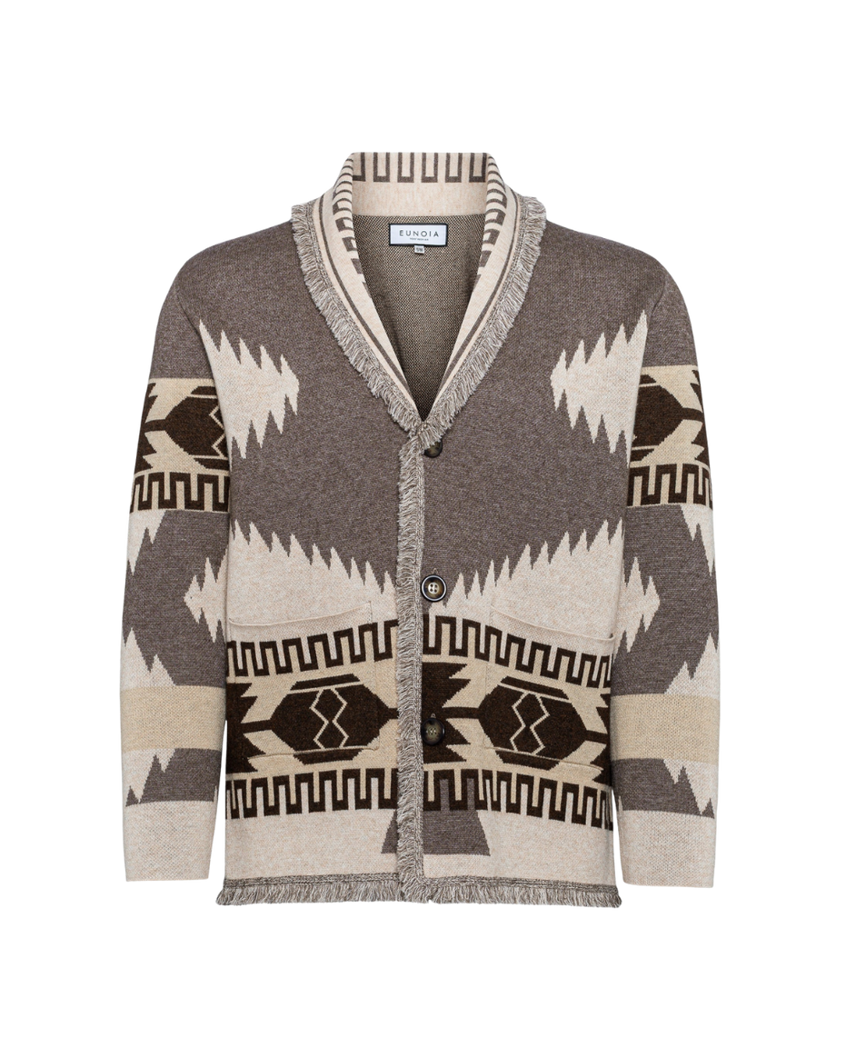 Men's grey and beige merino wool cardigan with geometric Nordic knit and fringed shawl collar