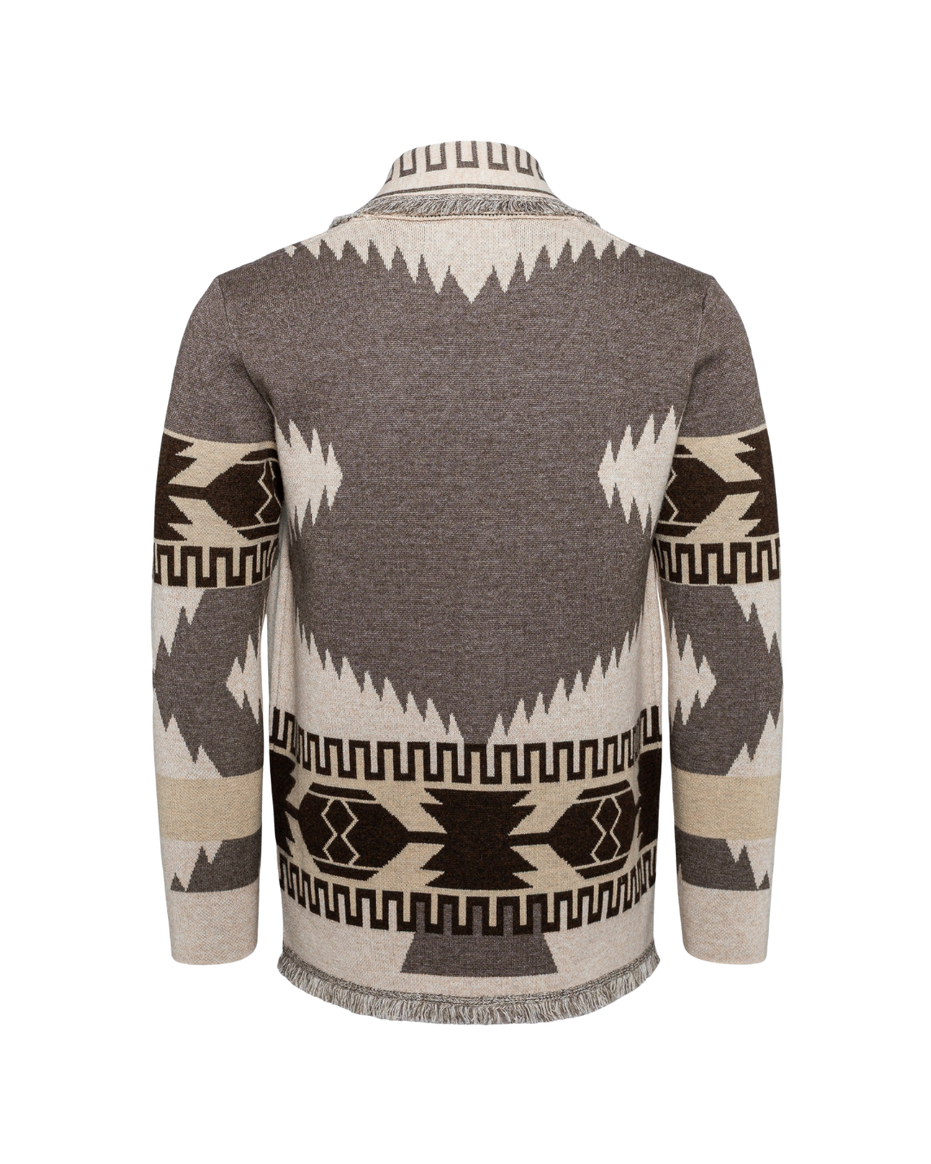 Men's grey and beige merino wool cardigan with geometric Nordic knit and fringed shawl collar