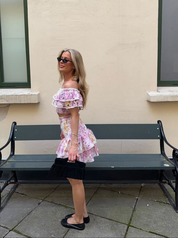 Pink floral broderie anglaise tiered mini skirt with ruffles and smocked waist