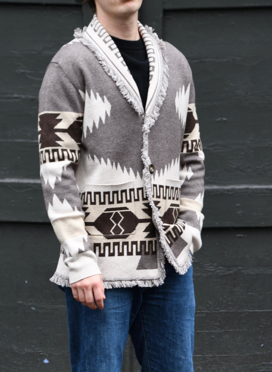 Men's grey and beige merino wool cardigan with geometric Nordic knit and fringed shawl collar