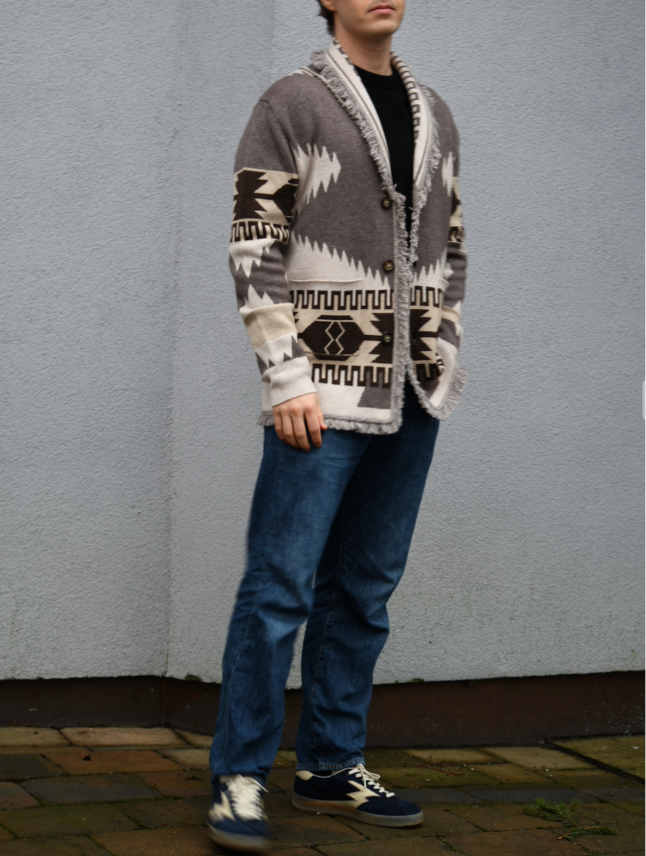 Men's grey and beige merino wool cardigan with geometric Nordic knit and fringed shawl collar