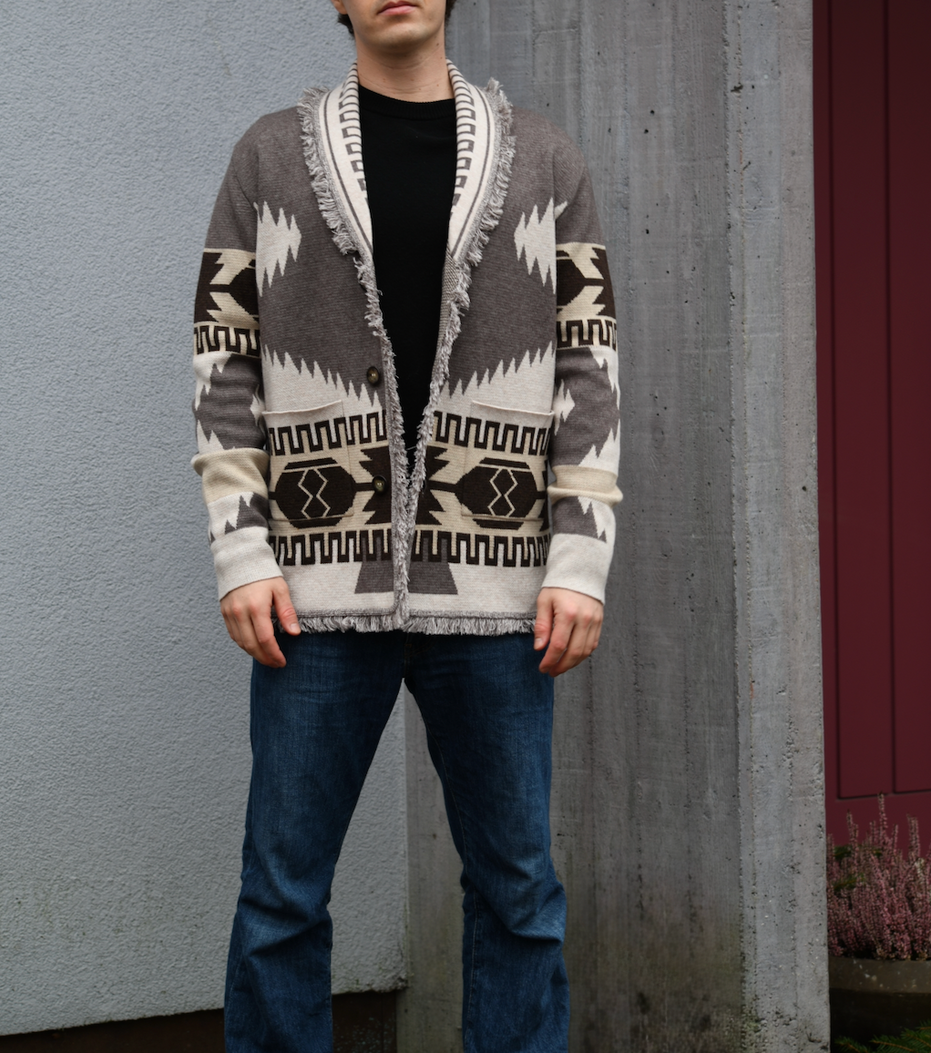 Men's grey and beige merino wool cardigan with geometric Nordic knit and fringed shawl collar